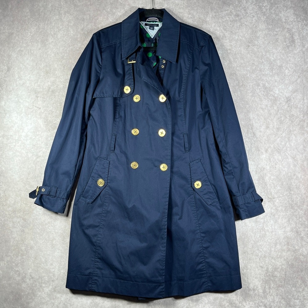 Tommy Hilfiger Trench Coat Womens Size Large‎ Navy Blue Double Breasted Business